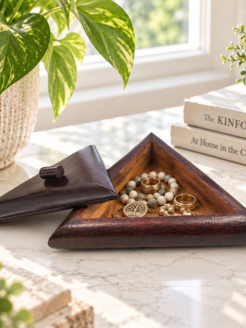 Vintage Handcrafted Wooden Triangle Trinket Box With Removable Lid For Jewelry o